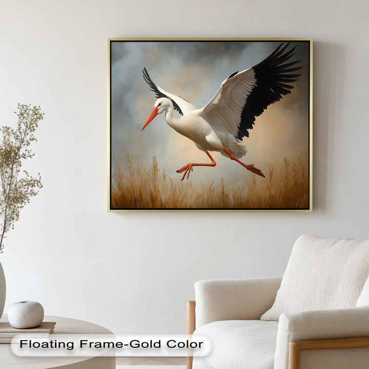 Stork in Flight over Golden Grasses – Animal Oil Painting