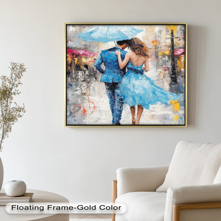Romantic Couple Strolling in Rain - Love Oil Painting
