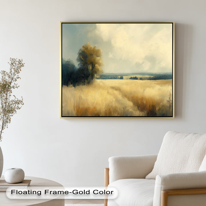 A dreamy pastoral view of an open field bathed in golden tones, with soft brushstrokes and a serene sky above.

