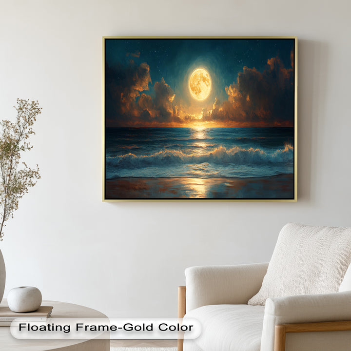 Perfect for lovers of celestial beauty and ocean views, this painting blends romance and natural power in a mesmerizing composition.

