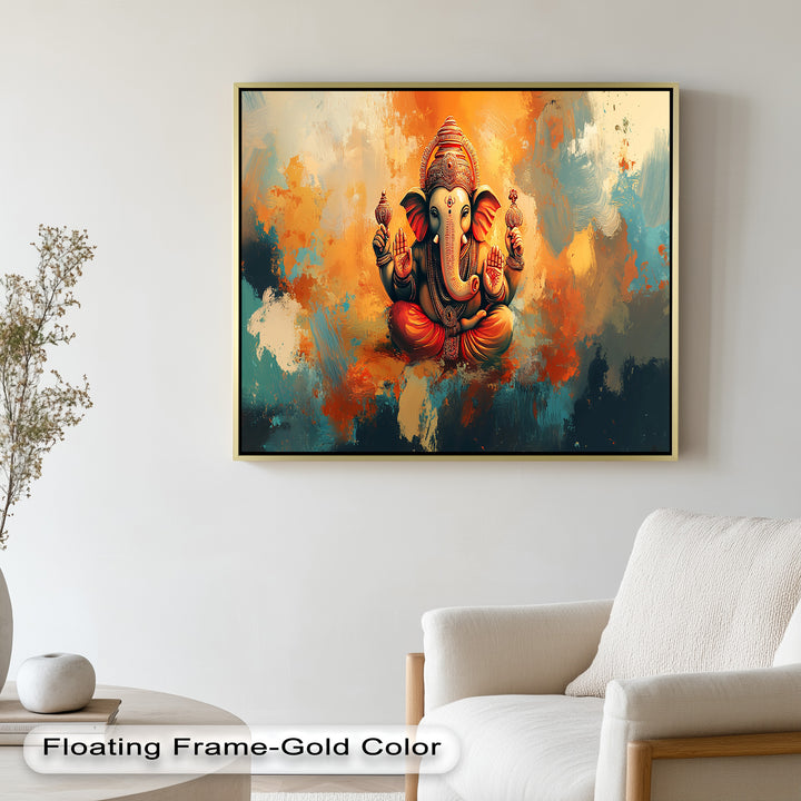An artistic portrayal of the Hindu deity Ganesha in vibrant traditional attire, with hands raised in a gesture of peace and protection.