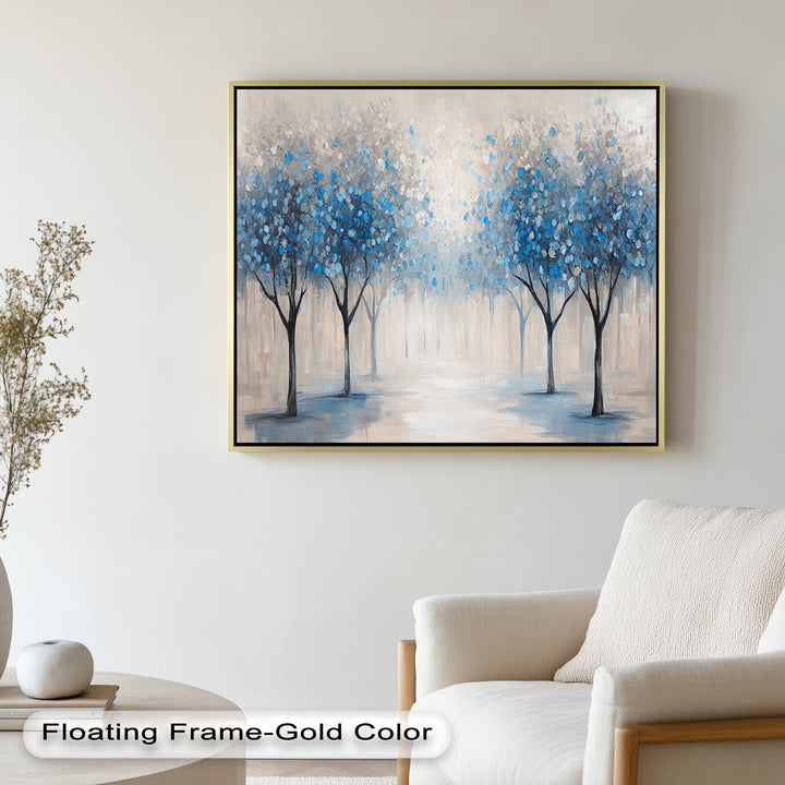 An impressionistic forest scene with symmetrically placed trees and vibrant blue leaves creating a tranquil, atmospheric effect.