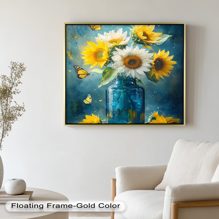 Sun-Kissed Radiance – Sunflowers in Blue Jar Flower Oil Painting