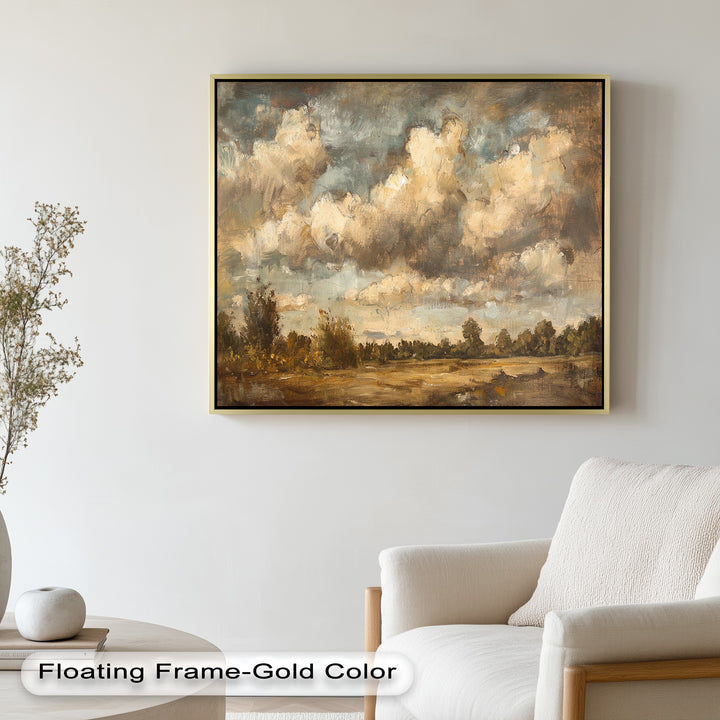 Weite Landschaft mit grauen Wolken – Ruhige Natur Ölgemälde