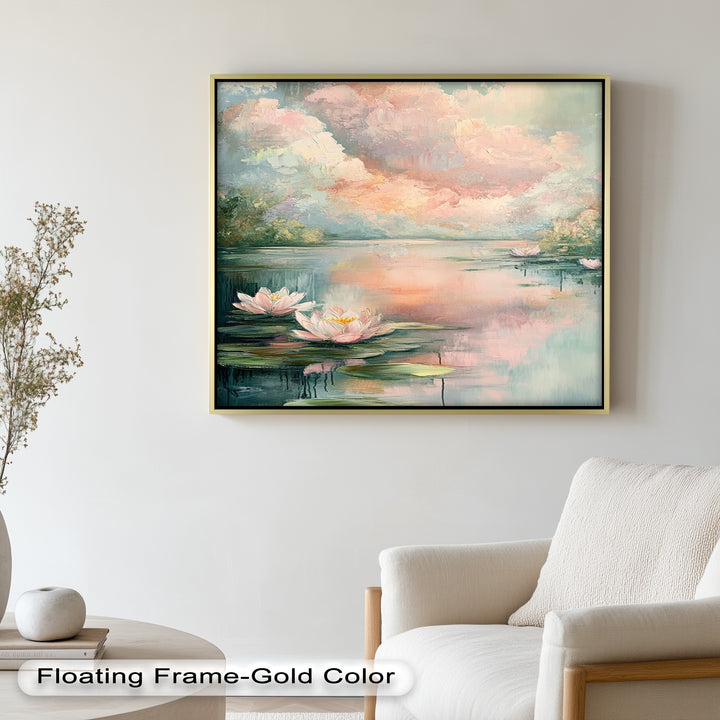 Pastel Water Lilies in Tranquil Lake - Flower Oil Painting