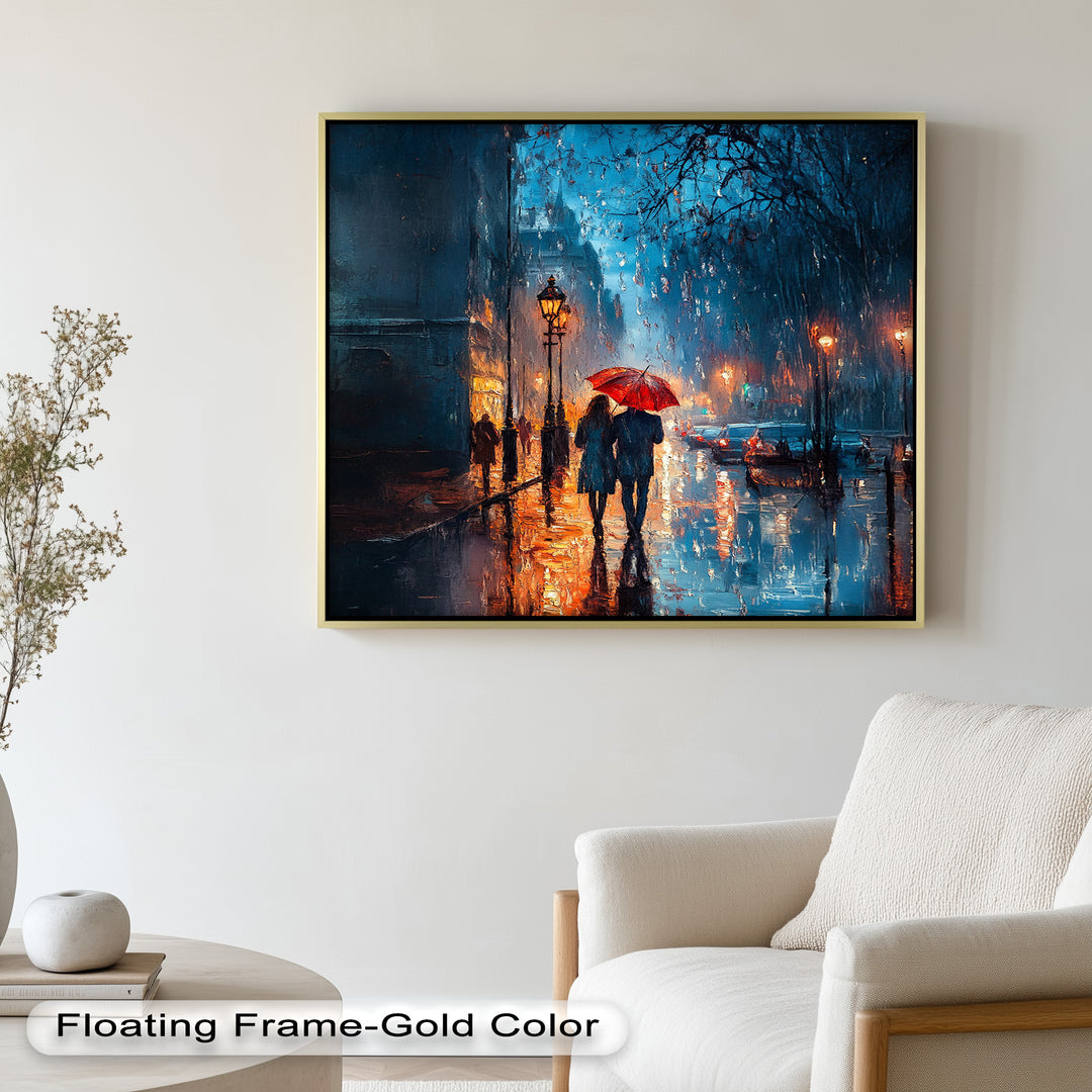 Lovers in the Rain – Romantic Night Street Oil Painting