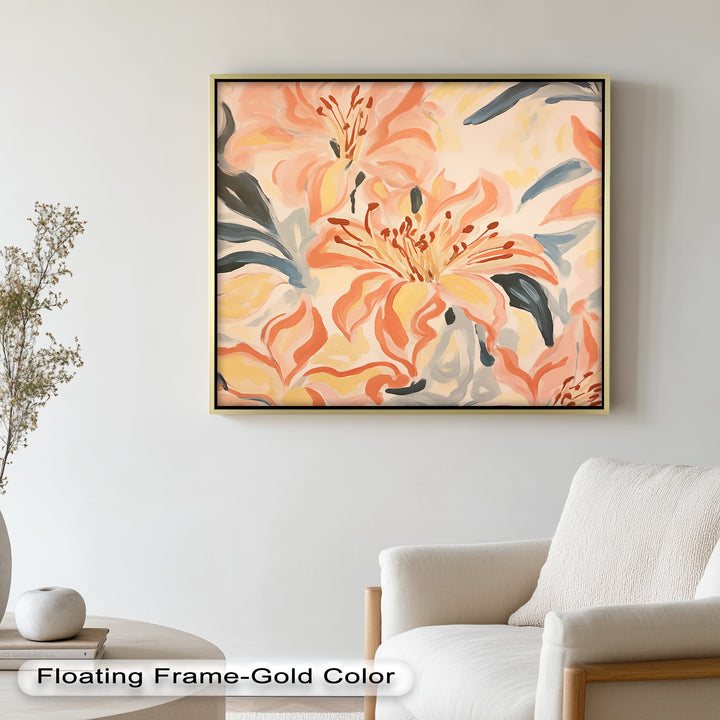 Sunlit Lilies – Abstract Coral Flower Oil Painting