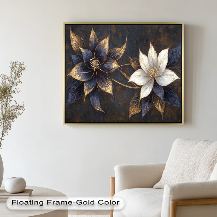 Blue Floral Stained Art – Botanical Oil Painting