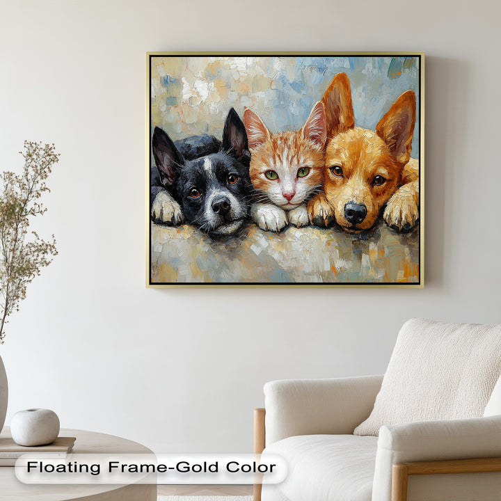 Cat and Dogs Resting Together - Animal Oil Painting
