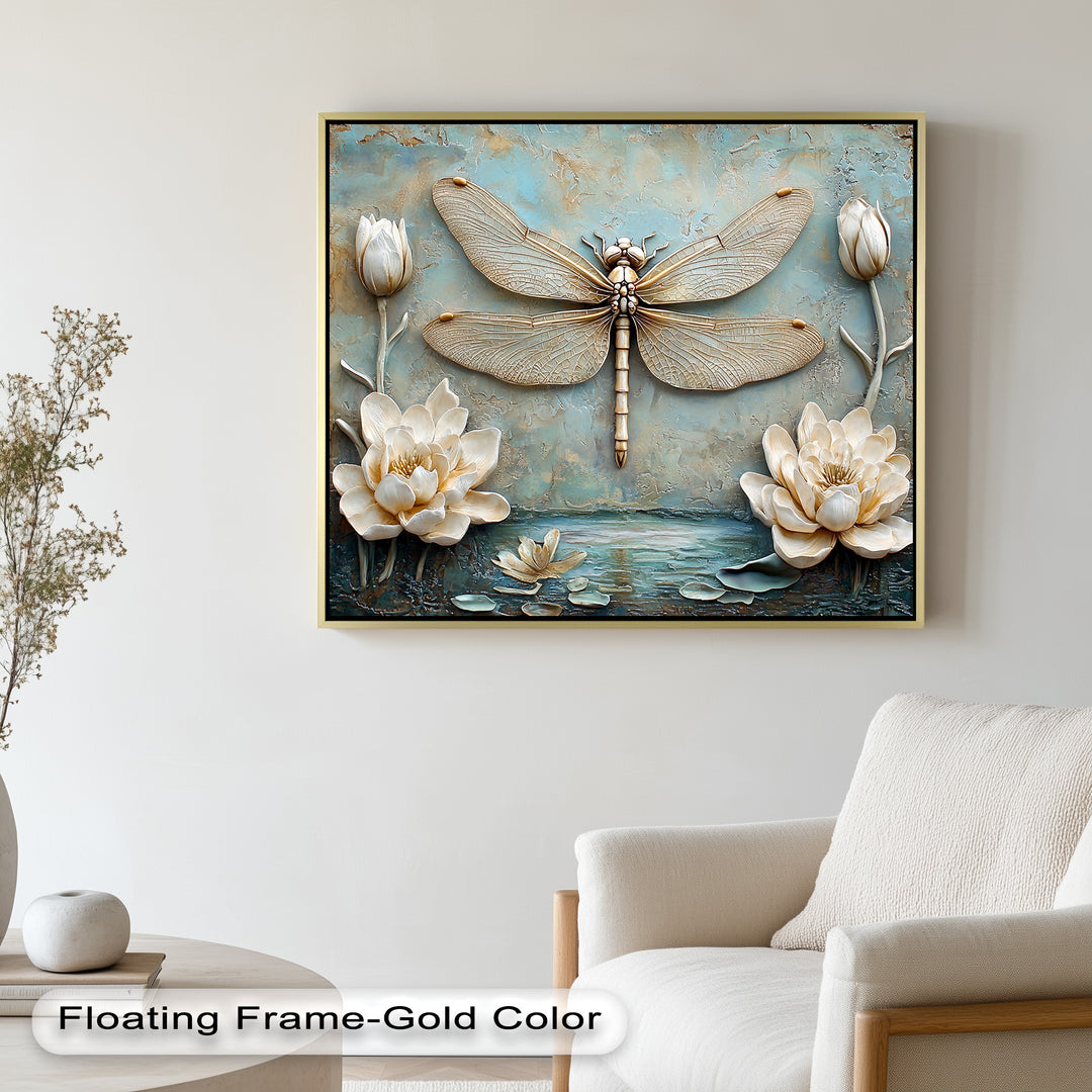 A stunning 3D relief artwork featuring a golden dragonfly with intricately detailed wings, surrounded by elegant ivory lotus flowers against a textured blue background.