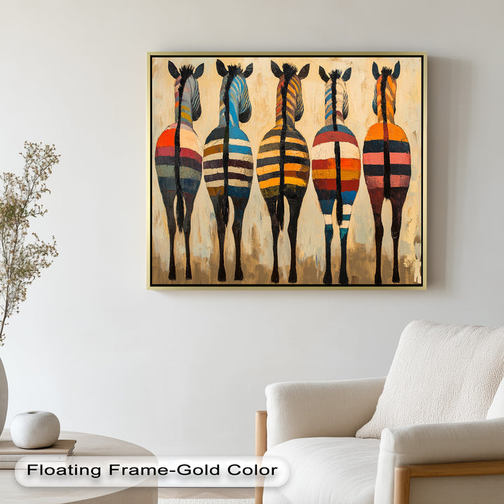 Five Colorful Zebras with Bold Stripes – Animal Oil Painting