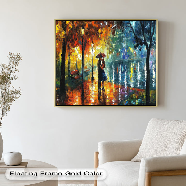 Golden Glow – Lovers Beneath the Umbrella Love Oil Painting