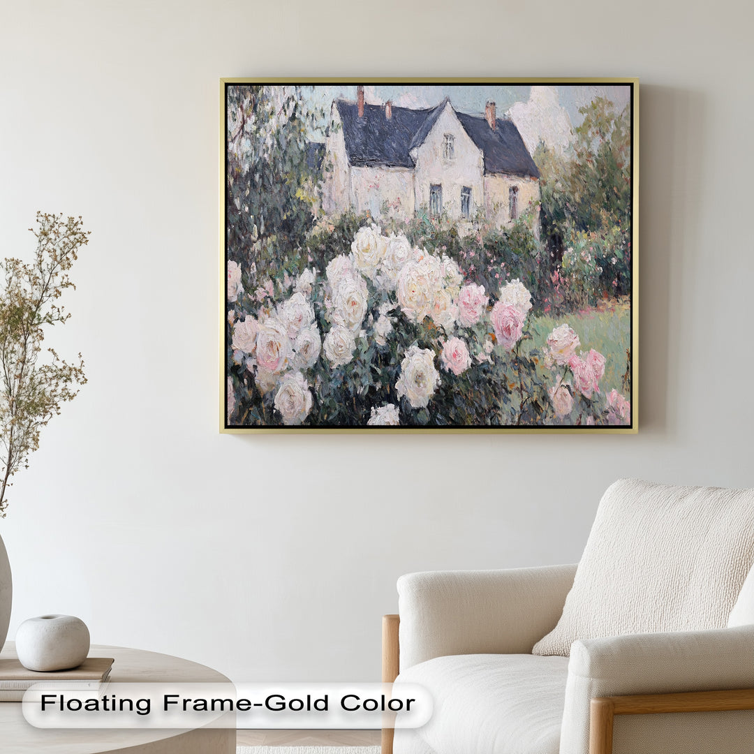 Cottage Garden Roses – Impressionist Floral House Scene Oil Painting