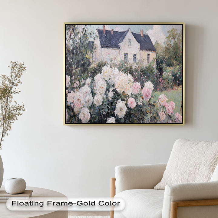 Cottage Garden Roses – Impressionist Floral House Scene Oil Painting