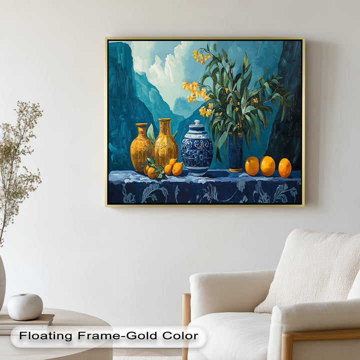 Blue & Yellow Vase Citrus Still Life – Framed Oil Painting