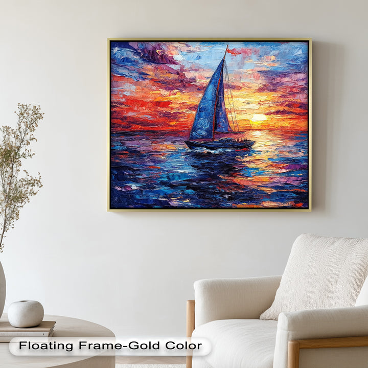 Crimson Horizon – Sunset Voyage Boat Oil Painting