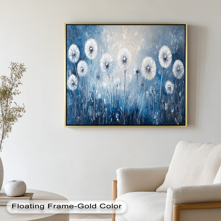 An impressionistic floral scene with whimsical white dandelions rising from textured blue grass under a soft sky.
