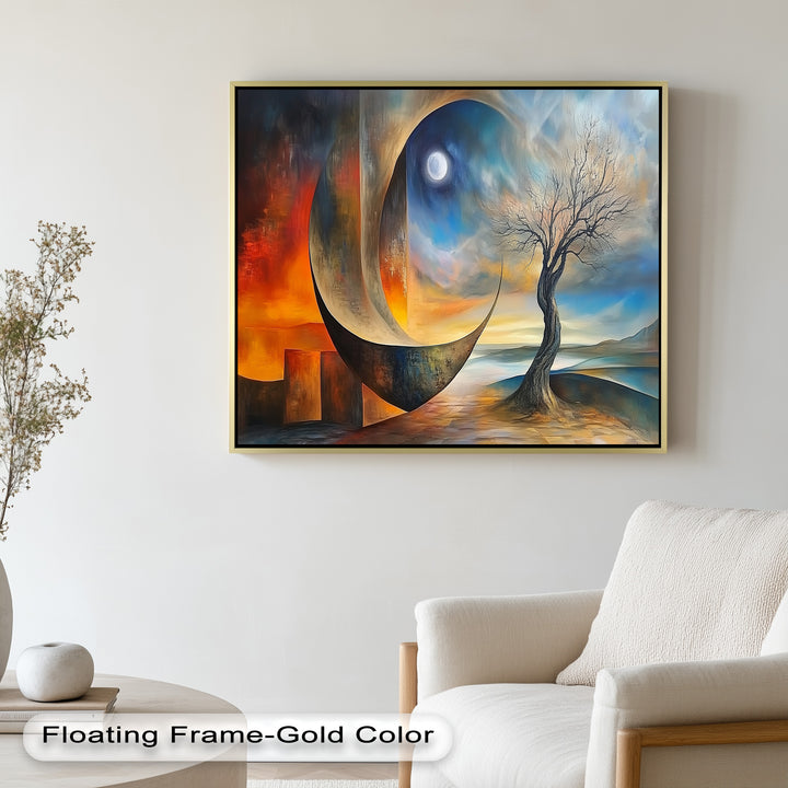 Moonlit Tree and Surreal Horizon - Abstract Oil Painting