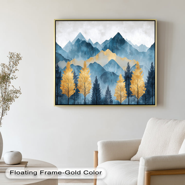 Blaue und goldene Aquarell-Berglandschaftskunst – Atemberaubende Ölgemälde