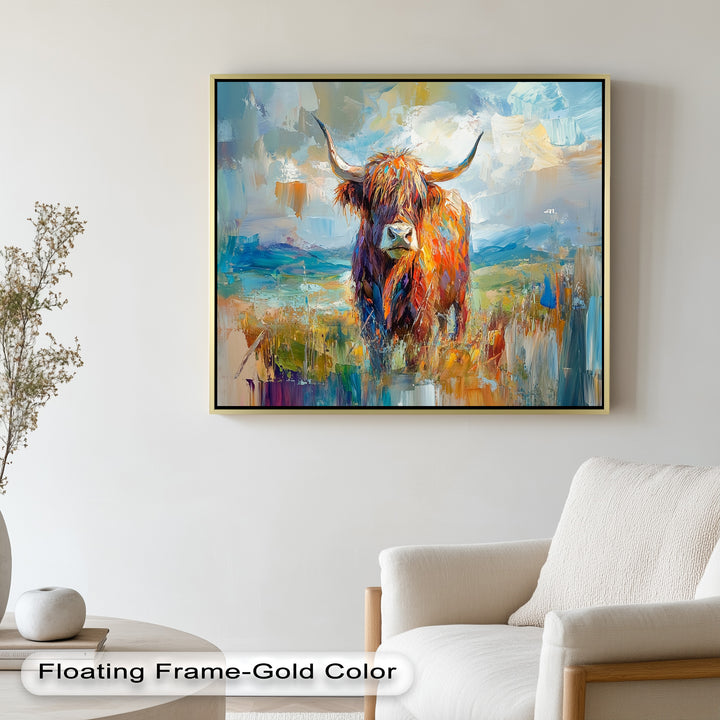 Highland Cow in Windswept Fields - Animal Oil Painting