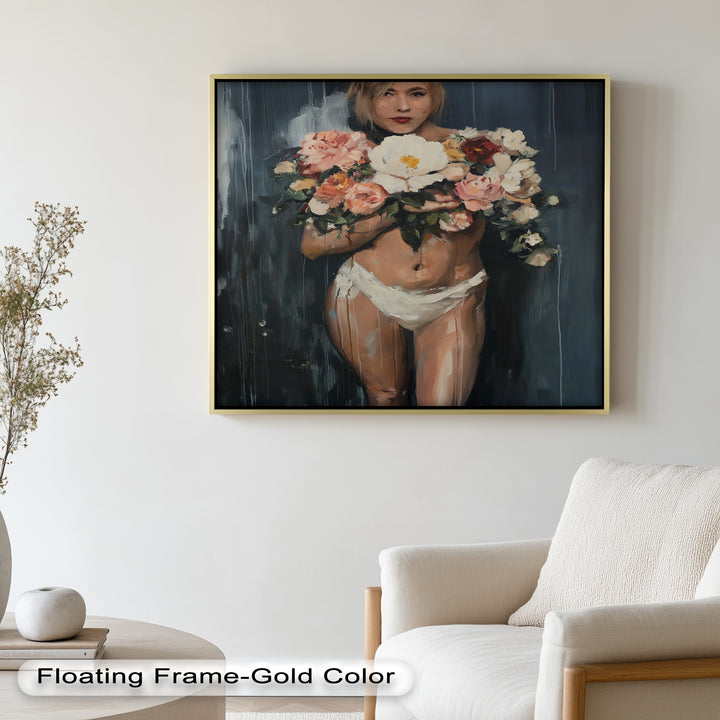 Floral Embrace – Abstract Nude with Blooming Bouquet Oil Painting