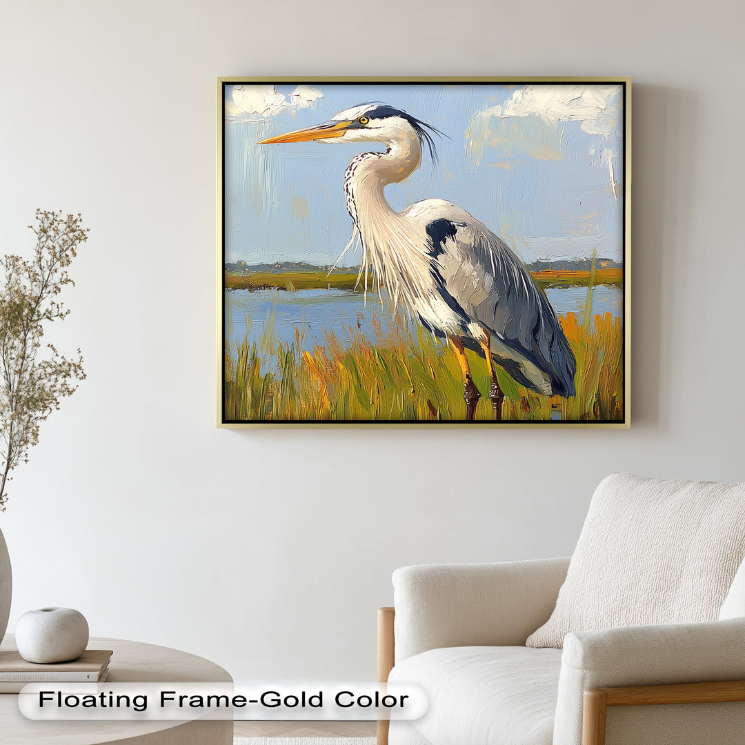 Heron in Sunlit Wetlands – Modern Oil Painting