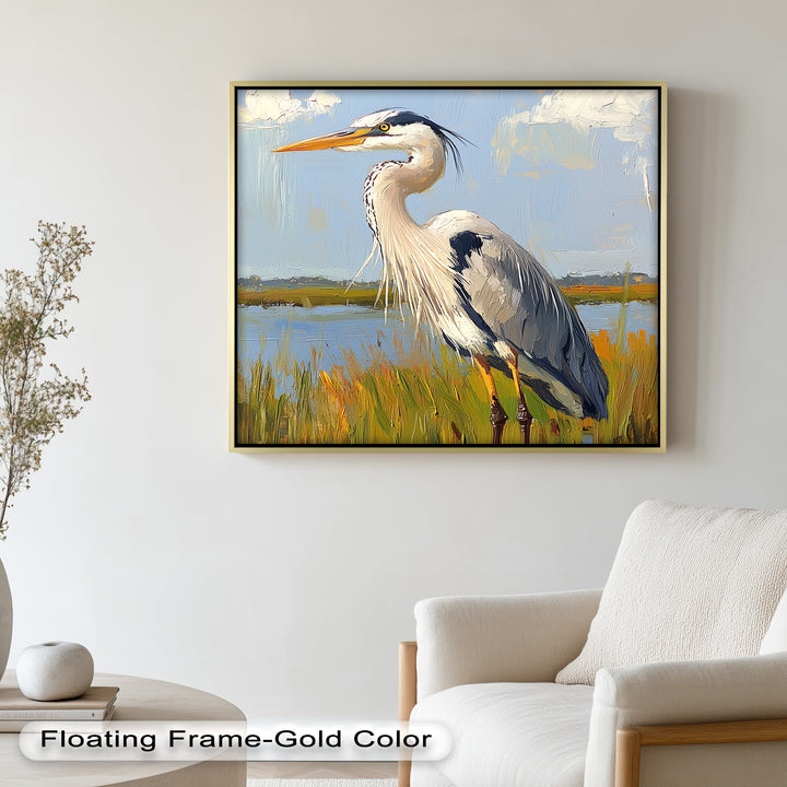 Heron in Sunlit Wetlands – Modern Oil Painting