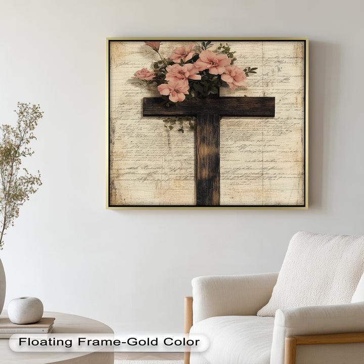 Holzkreuz mit rosa Blüten - Christliches Ölgemälde