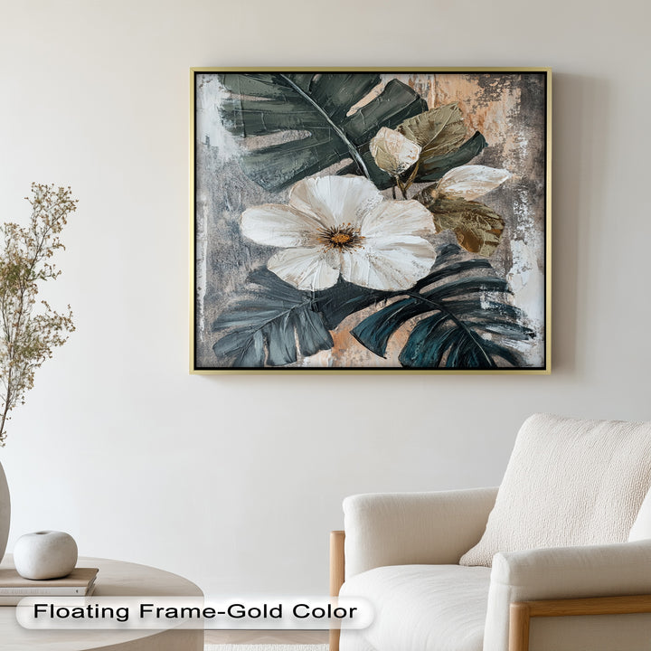 White Bloom and Tropical Leaves - Flower Oil Painting