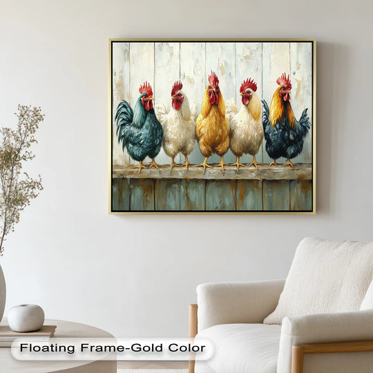 Horizontal and rectangular, the colorful roosters on a wooden fence is an oil painting decoration offering a unique and rustic farmhouse animal oil painting.