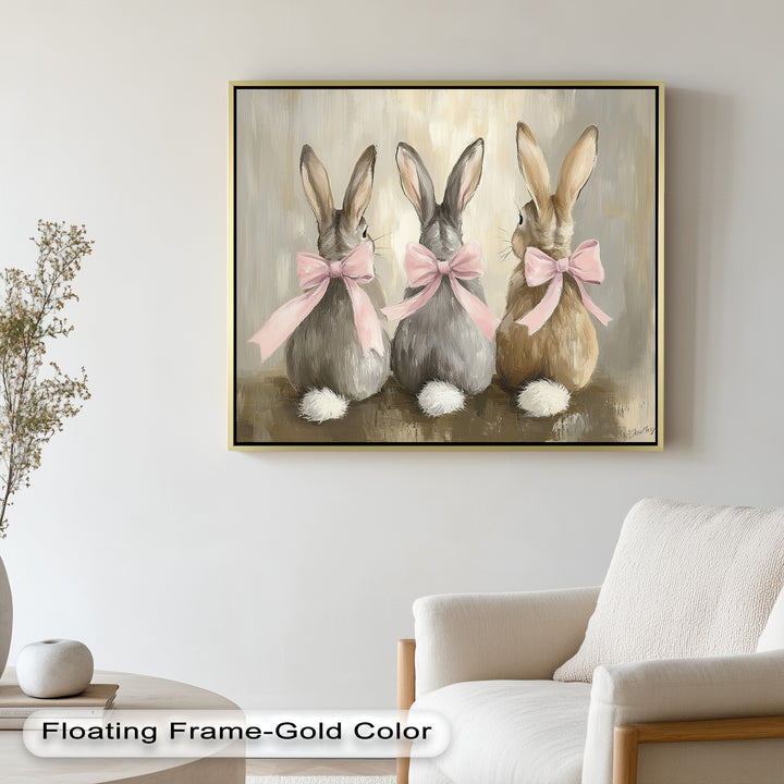 Trio of Bunnies with Pink Bows – Animal Oil Painting