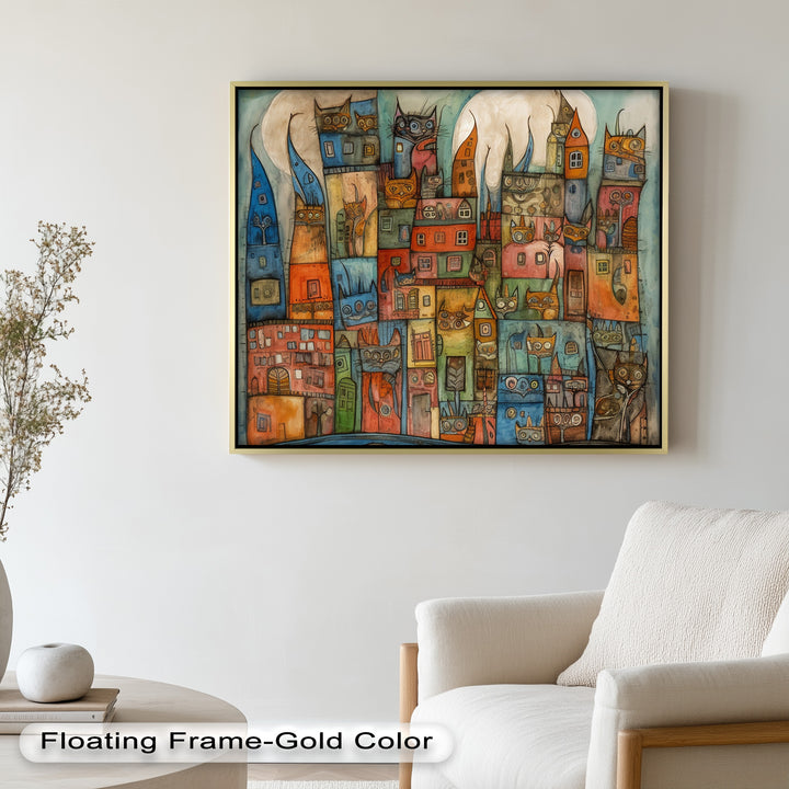 Whimsical Cat Cityscape – Surreal Architecture and Feline Picasso Oil Painting