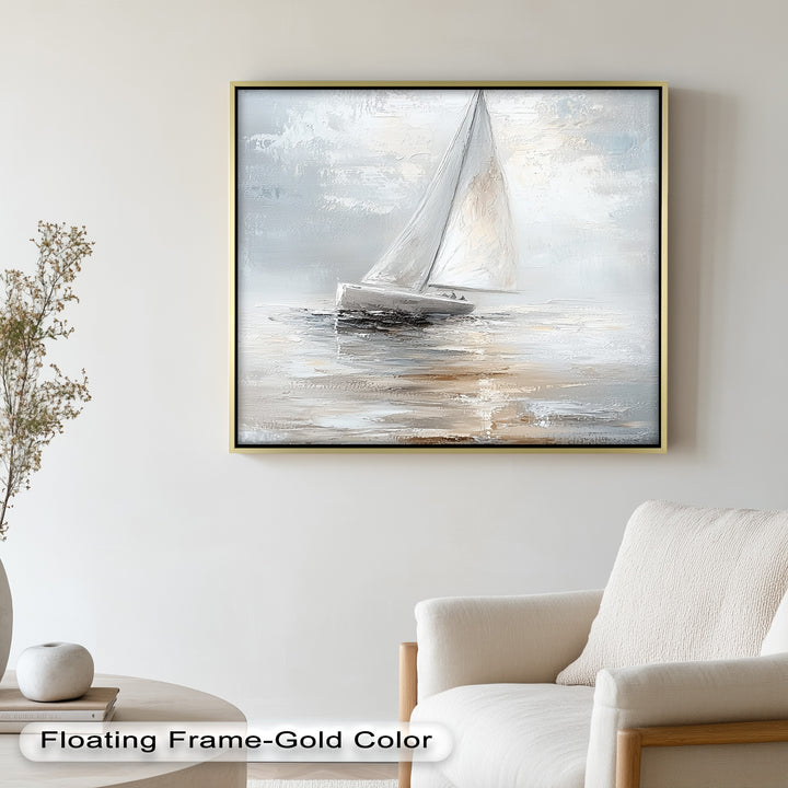 Sailing Through the Mist – White Boat Oil Painting