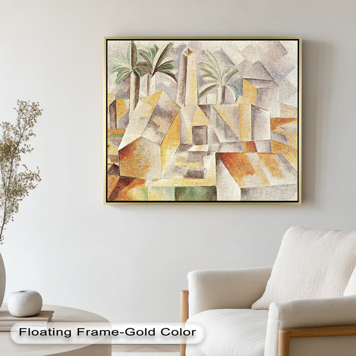 An architectural abstraction blending palm trees and faceted buildings into a harmonious, geometric composition.