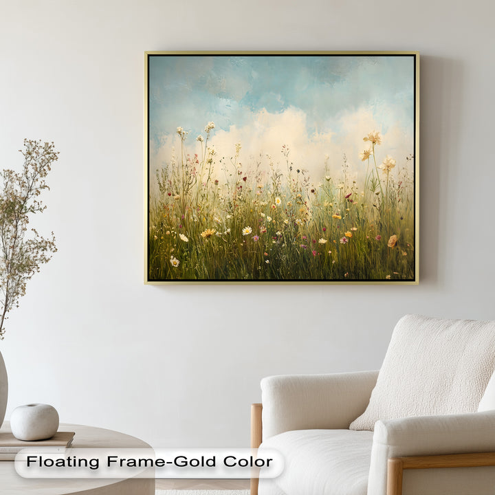 A romantic nature-inspired painting showcasing a lush floral landscape with colorful blooms reaching toward the sky, set against a backdrop of fluffy clouds.