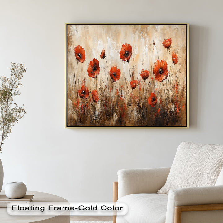 Fiery Meadow – Scarlet Poppies in Earth-Toned Field Flower Oil Painting