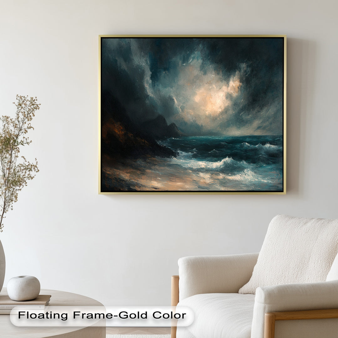 Perfect for bold interiors, this painting adds intensity and elegance, drawing the viewer into a wild and mesmerizing coastal scene.

