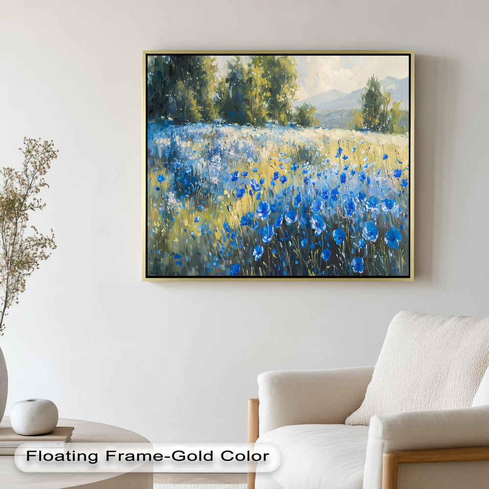 This stunning floral landscape painting brings nature’s beauty to life with rich, textured brushstrokes, where deep blue blossoms contrast harmoniously with golden fields and lush greenery.