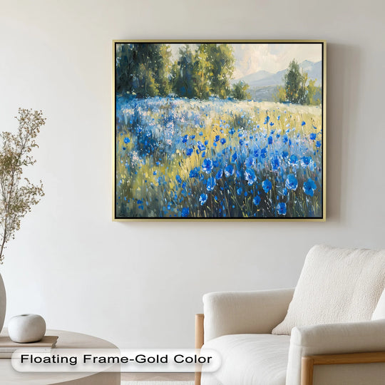 Dominant blues and greens create a captivating nature scene in this oil painting wall art, showcasing a field of wildflowers under a sunlit, mountain-lined sky.