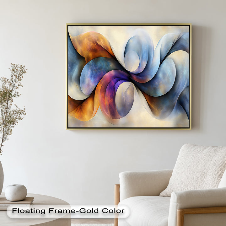 Expressive abstract composition with dynamic curves and radiant hues.
