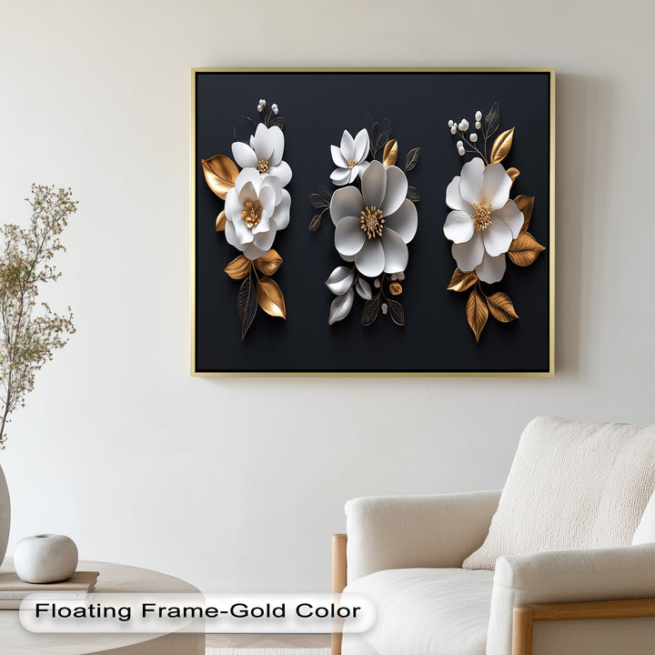 Elegantes Blumentrio – Modernes Ölgemälde in Weiß und Gold
