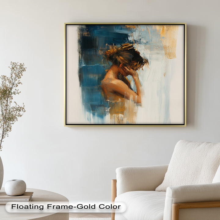 Veil of Thought – Introspective Woman in Blue and Gold Abstract Oil Painting