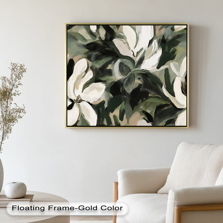 Cream Blooms in Forest Green - Flower Oil Painting