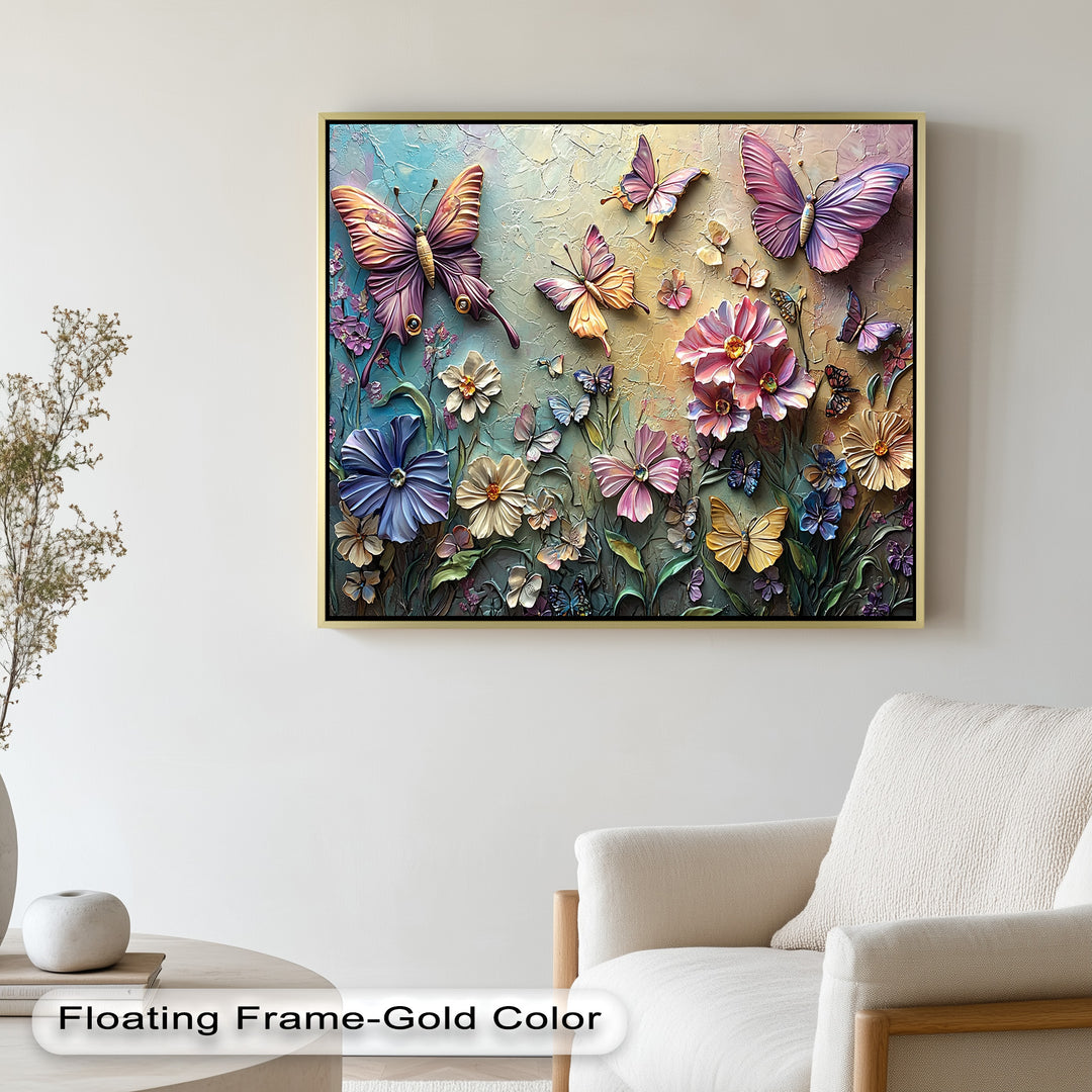 A stunning 3D relief artwork featuring vibrant butterflies in shades of purple, pink, and gold fluttering above a lush garden of intricately sculpted flowers.