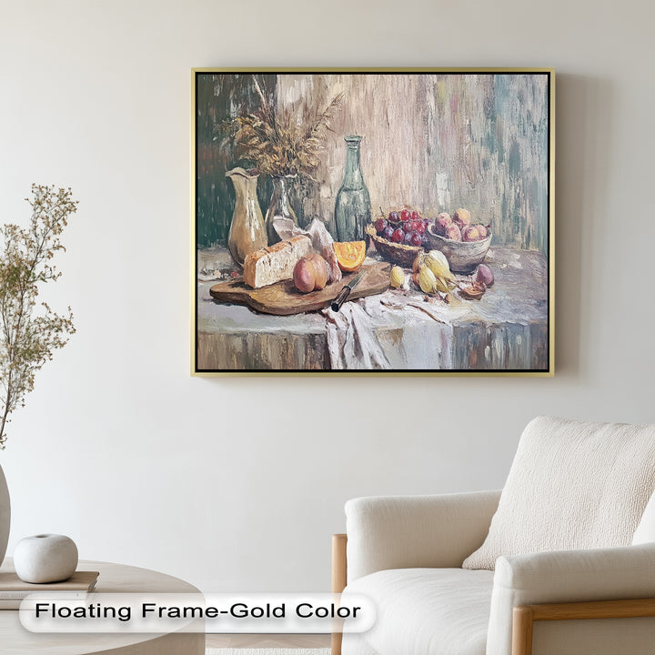 Rustic Fruit & Bread Still Life – Framed Oil Painting