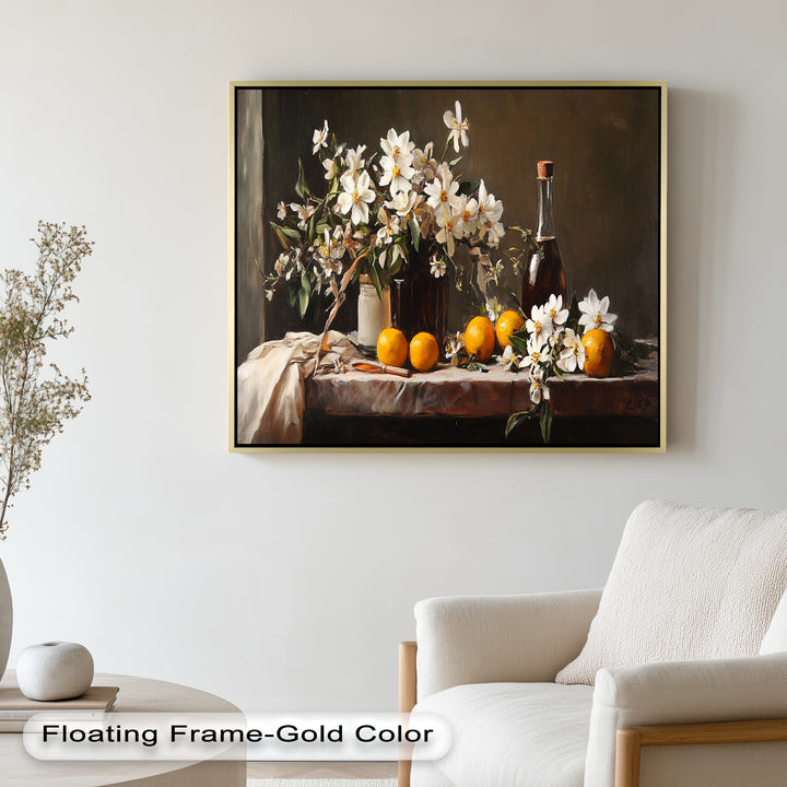 Orange & White Floral Still Life – Elegant Framed Oil Painting