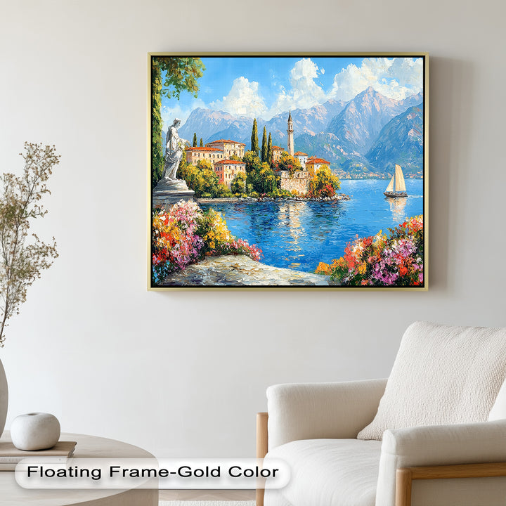 Colorful Italian Lake Town Wall Art – Landscape Oil Painting