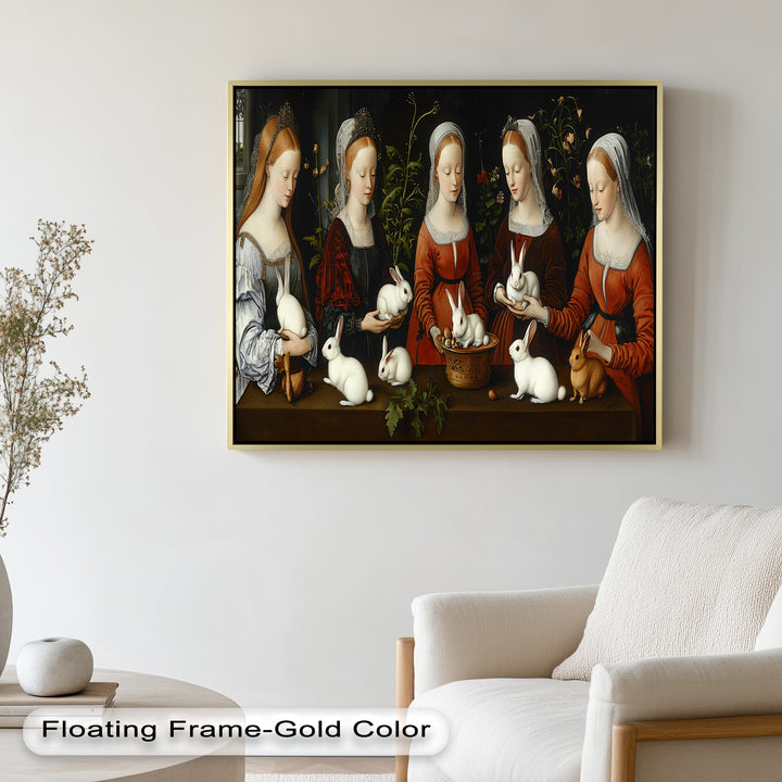 Maiden Garden Gathering – Renaissance Rabbit Portrait Oil Painting