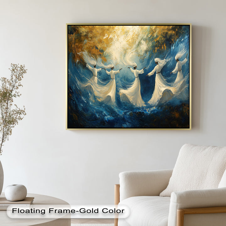 A graceful dance of whirling dervishes enveloped in a celestial sea of motion, illuminated by golden and indigo hues.