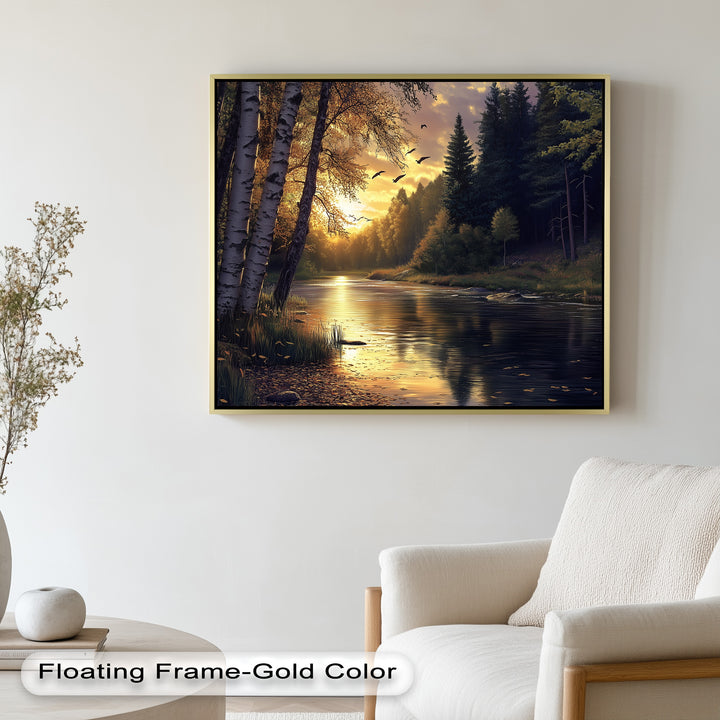 A serene autumn landscape with glowing sunlight filtering through the trees, birds flying above a quiet river.

